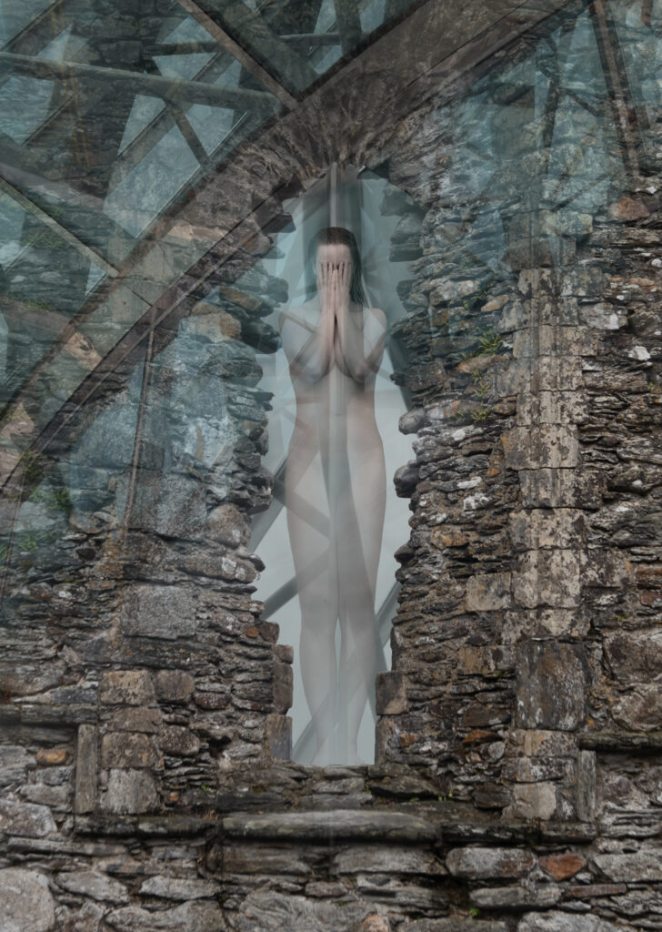 A pale and ghostly figure stands in a narrow stone archway, hands covering their face. The upper half of the archway is surrounded and interrupted by curving metal girders and bars, and blue glass. Metal bars and pipes also pierce the figure's body.