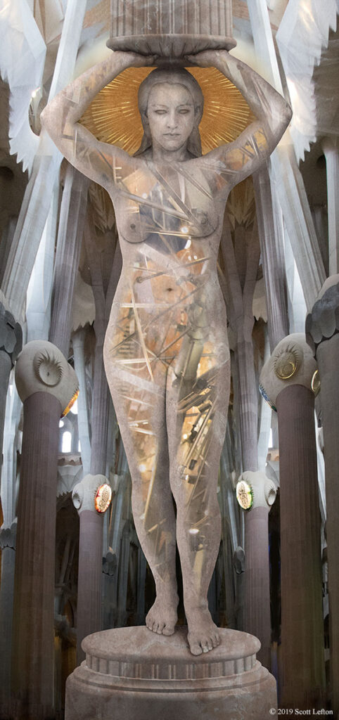 A caryatid with a golden sun-ray halo stands in the middle of a cathedral space, with complex metallic structures visible within their stone body. 